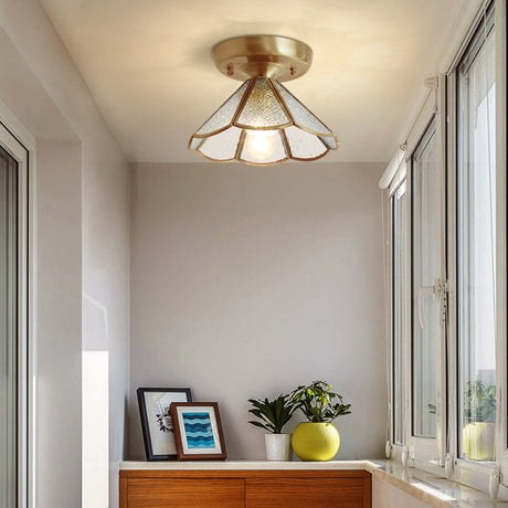 Vintage Glass Conical Foyer Ceiling Light With Scalloped Edge - Brass Flush Mount 1 Bulb