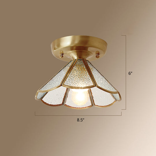 Vintage Glass Conical Foyer Ceiling Light With Scalloped Edge - Brass Flush Mount 1 Bulb