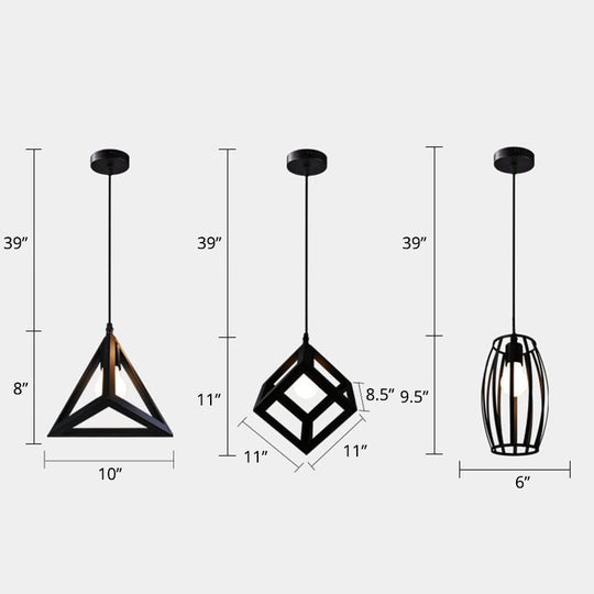 Industrial Iron Geometric Cage Hanging Ceiling Light - Black Suspension Lamp For Restaurants