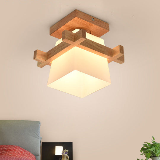 Modern Wood Flush Mount Lamp - White Glass With Trapezoid Design