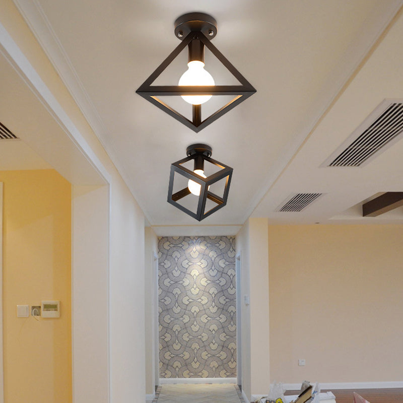Iron Caged Flush Mount Ceiling Lamp - Industrial Style With 1 - Bulb Black