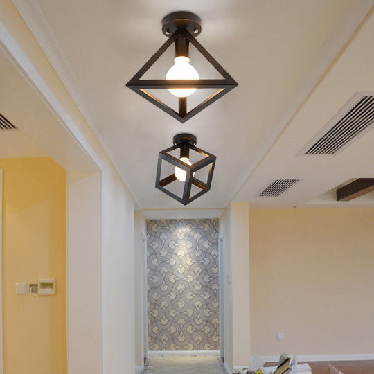 Iron Caged Flush Mount Ceiling Lamp - Industrial Style With 1 - Bulb Black