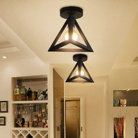 Iron Caged Flush Mount Ceiling Lamp - Industrial Style With 1 - Bulb Black