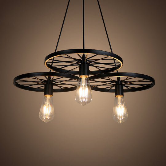 Industrial Metal Hanging Chandelier Light Fixture For Living Room - Black Wheel Design 3 /