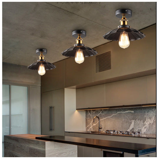 Vintage Metal 1 - Light Semi - Flush Ceiling Light - Black Shaded Kitchen Fixture