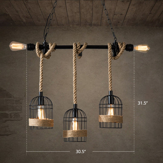 Rustic 5-Light Black Birdcage Island Pendant For Dining Rooms