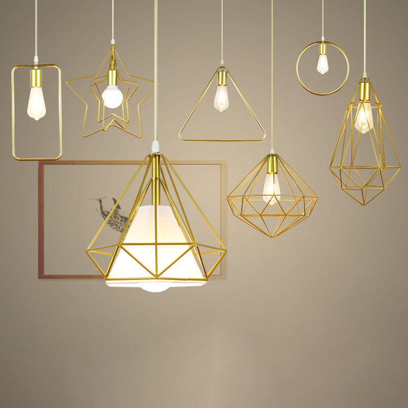 Gold Metal Cage Pendant Ceiling Light - Nordic Design 1 Bulb Dining Room Suspension