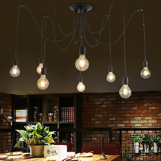 Industrial Black Metal Spider Ceiling Lamp With 8 Bulbs - Swag Pendant Lighting For Restaurants