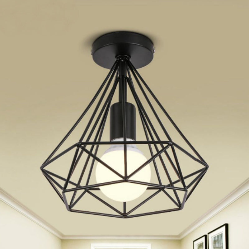 Vintage Black Iron Wire Diamond Ceiling Flush Light With 1-Light Passageway Mount