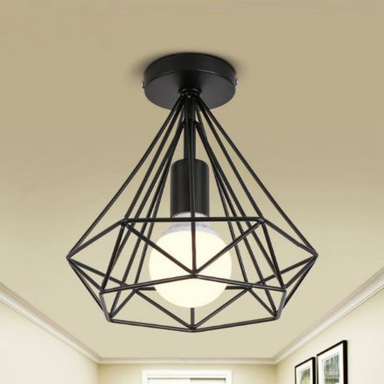 Vintage Black Iron Wire Diamond Ceiling Flush Light With 1 - Light Passageway Mount