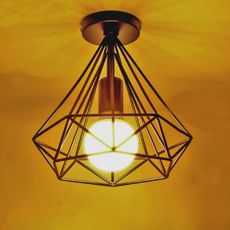 Vintage Black Iron Wire Diamond Ceiling Flush Light With 1-Light Passageway Mount