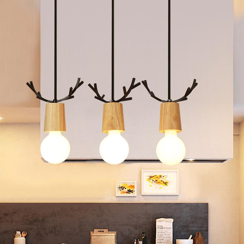 Nordic Antler Wood Pendant Light With 3 Hanging Bulbs - Ideal For Restaurants