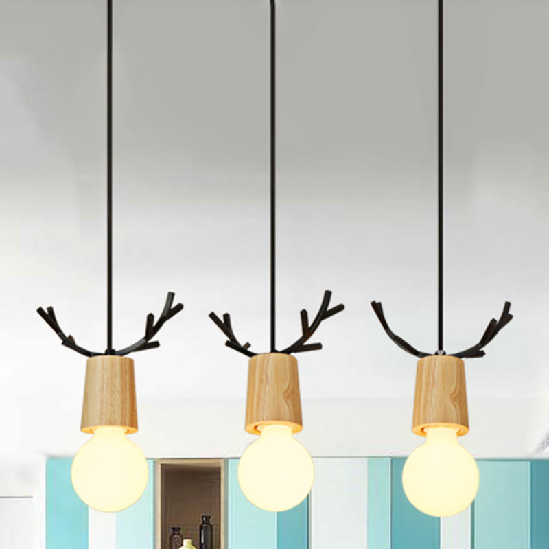 Nordic Antler Wooden 3-Light Hanging Pendant With Open Bulb Design For Restaurants