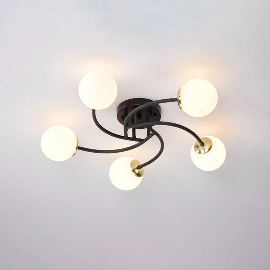 Modern Swirled Metal Semi Flush Ceiling Light With Glass Ball Shade 5 / Black Milk White