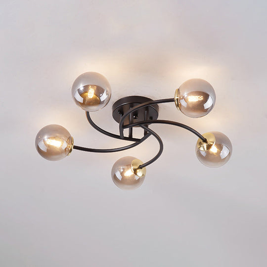 Modern Swirled Metal Semi Flush Ceiling Light With Glass Ball Shade 5 / Black Smoke Grey