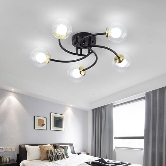 Modern Swirled Metal Semi Flush Ceiling Light With Glass Ball Shade