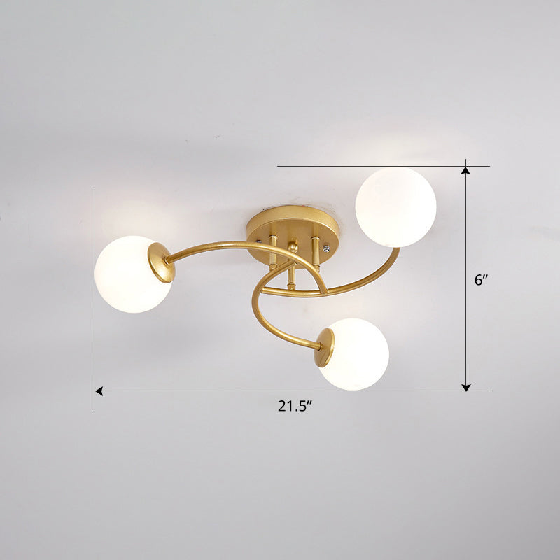 Modern Swirled Metal Semi Flush Ceiling Light With Glass Ball Shade