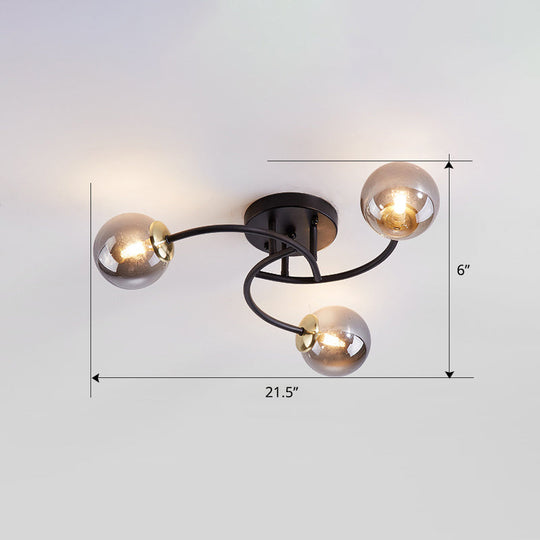Modern Swirled Metal Semi Flush Ceiling Light With Glass Ball Shade