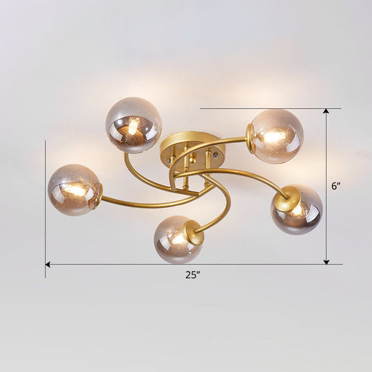 Modern Swirled Metal Semi Flush Ceiling Light With Glass Ball Shade