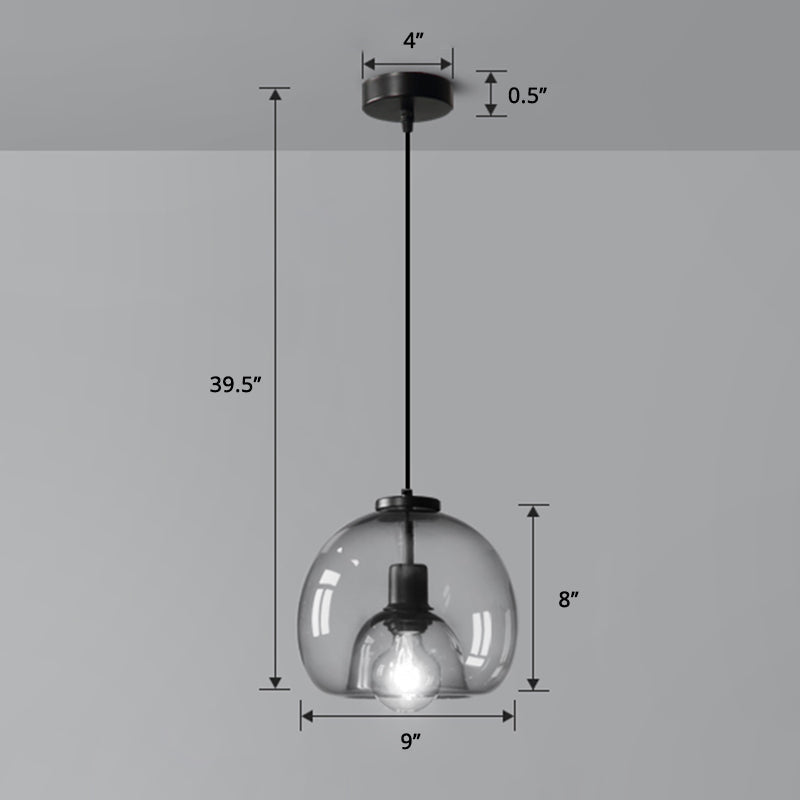 Hand-Blown Glass Dome Hanging Lamp Minimalist 1-Light Black Pendant Light Fixture Over Table