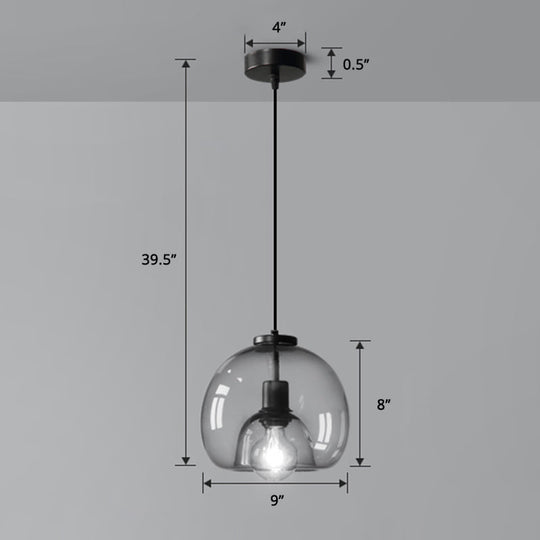 Hand-Blown Glass Dome Hanging Lamp Minimalist 1-Light Black Pendant Light Fixture Over Table