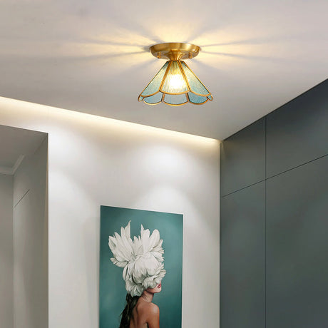 Tiffany Floral Semi-Mount 1-Light Ceiling Flush Light In Brass Perfect For Hallway Décor
