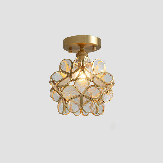 Tiffany Floral Semi-Mount 1-Light Ceiling Flush Light In Brass Perfect For Hallway Décor Gold