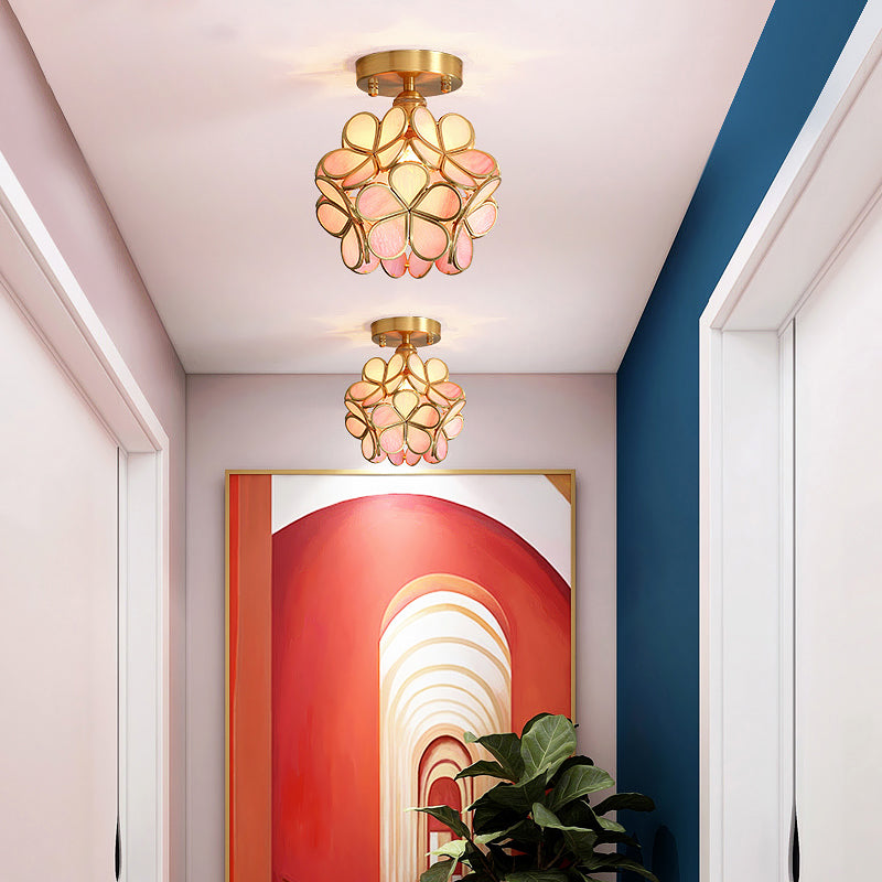 Tiffany Floral Semi Mount 1 - Light Glass Ceiling Flush Light In Brass - Ideal For Hallway Décor