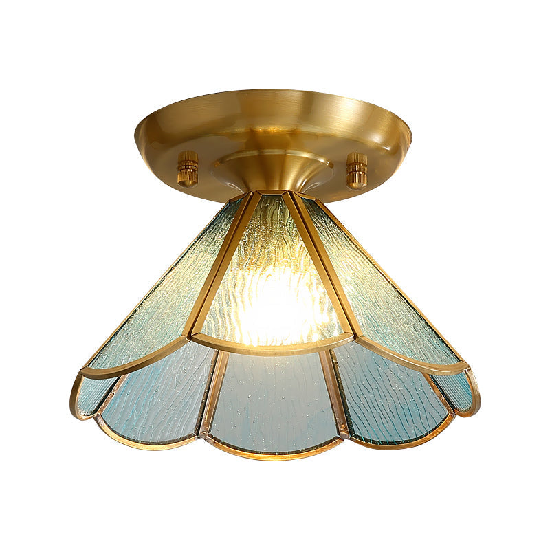 Tiffany Floral Semi Mount 1 - Light Glass Ceiling Flush Light In Brass - Ideal For Hallway Décor