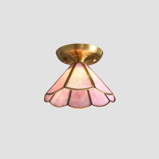 Tiffany Floral Semi Mount 1 - Light Glass Ceiling Flush Light In Brass - Ideal For Hallway Décor