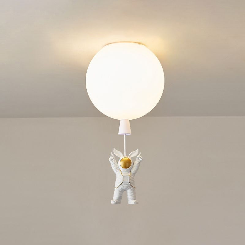 Kids Astronaut And Balloon Ceiling Light – White 1 - Bulb Flush Mount With Acrylic Shade / 8’ Flying