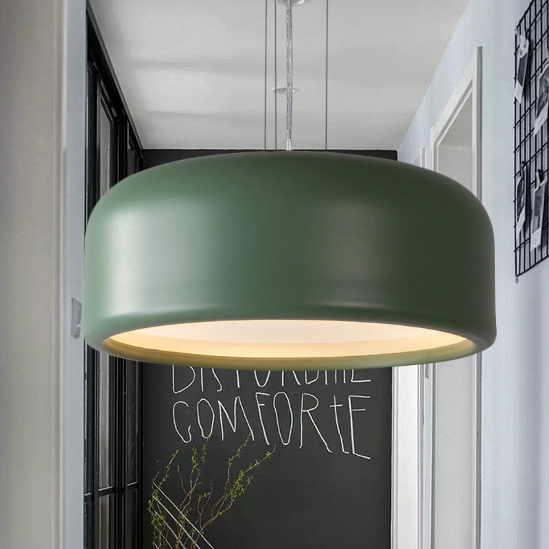 Modernist Metal Drum Pendant In Pink/Blue/Green - 1 Light Bedroom Hanging Kit 14/19/23.5 Wide