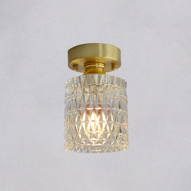 Minimalist Brass 1-Head Ceiling Light With Carved Glass Shade For Corridors / Cylinder