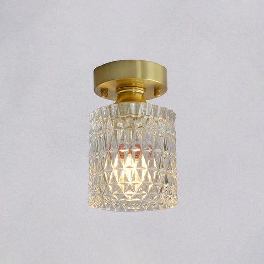 Minimalist Brass 1-Head Ceiling Light With Carved Glass Shade For Corridors / Cylinder