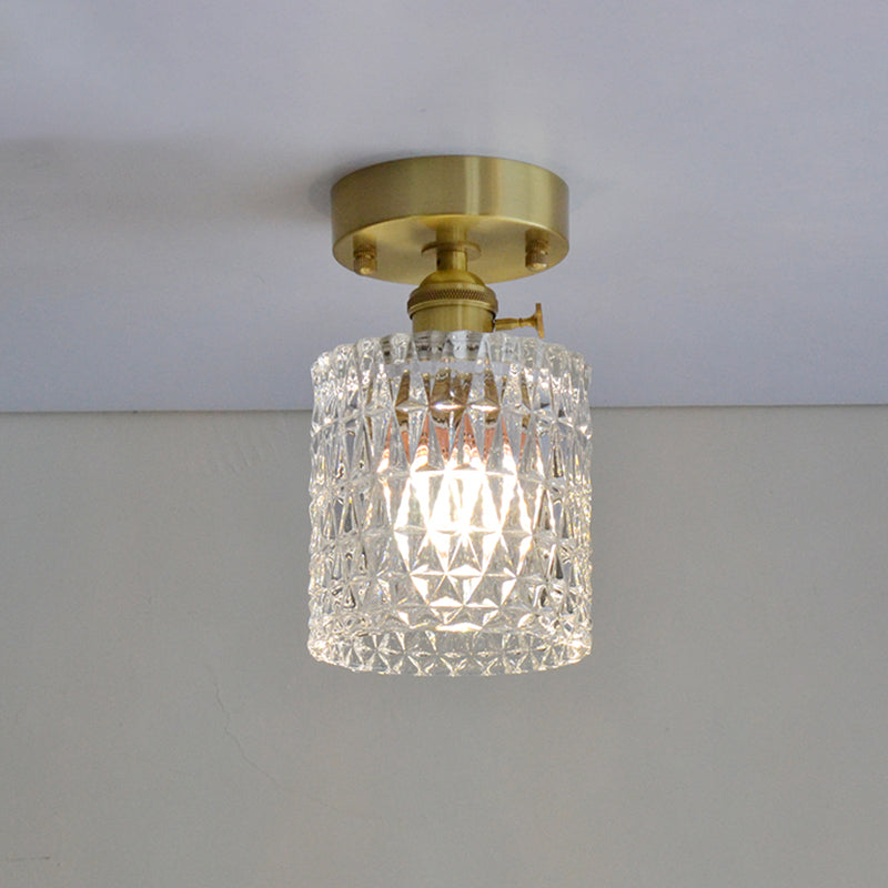 Minimalist Brass 1 - Head Ceiling Light With Carved Glass Shade For Corridors