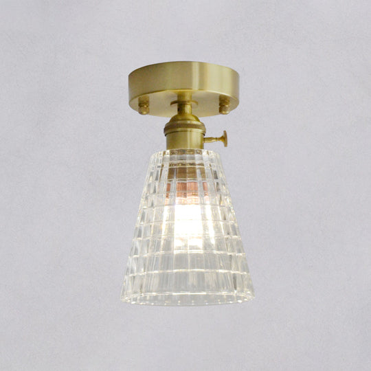 Minimalist Brass 1-Head Ceiling Light With Carved Glass Shade For Corridors
