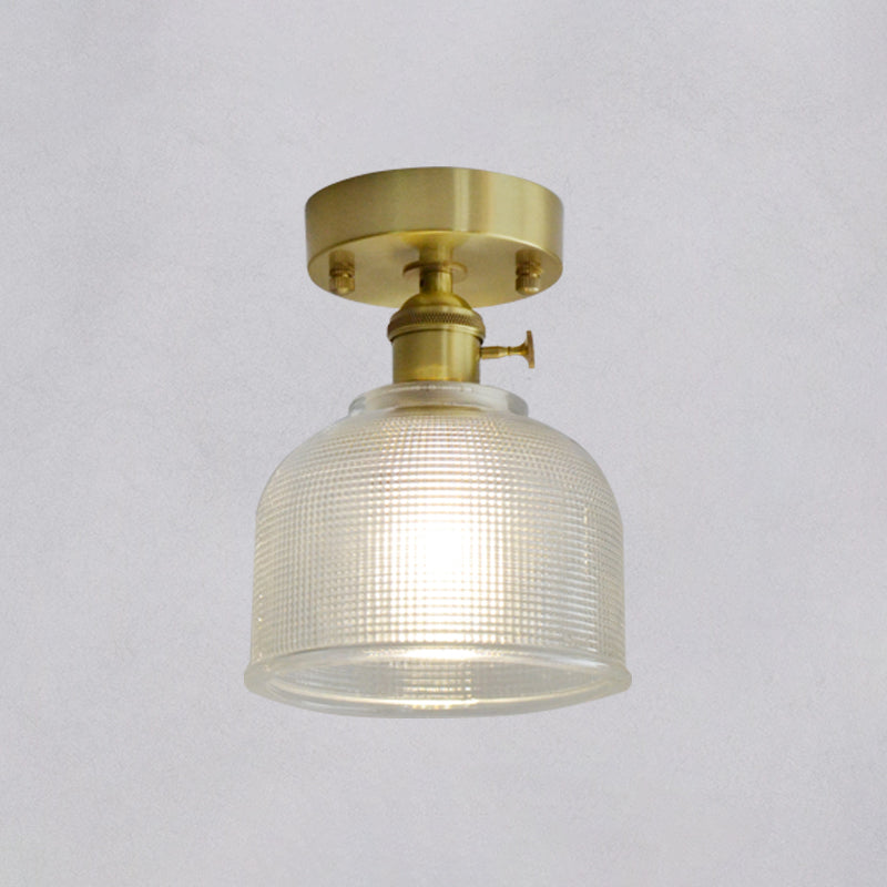 Minimalist Brass 1-Head Ceiling Light With Carved Glass Shade For Corridors
