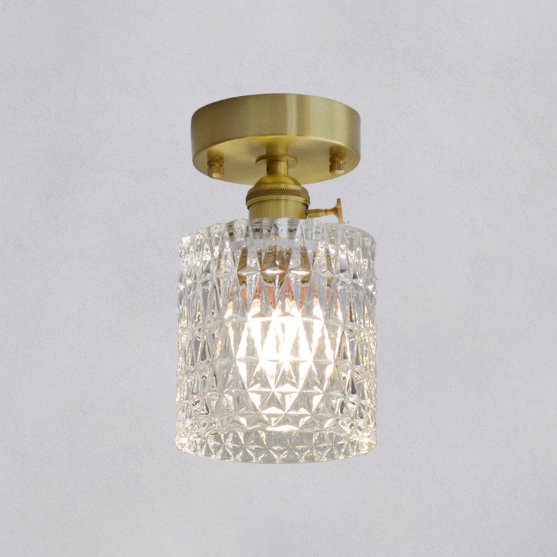 Minimalist Brass 1-Head Ceiling Light With Carved Glass Shade For Corridors