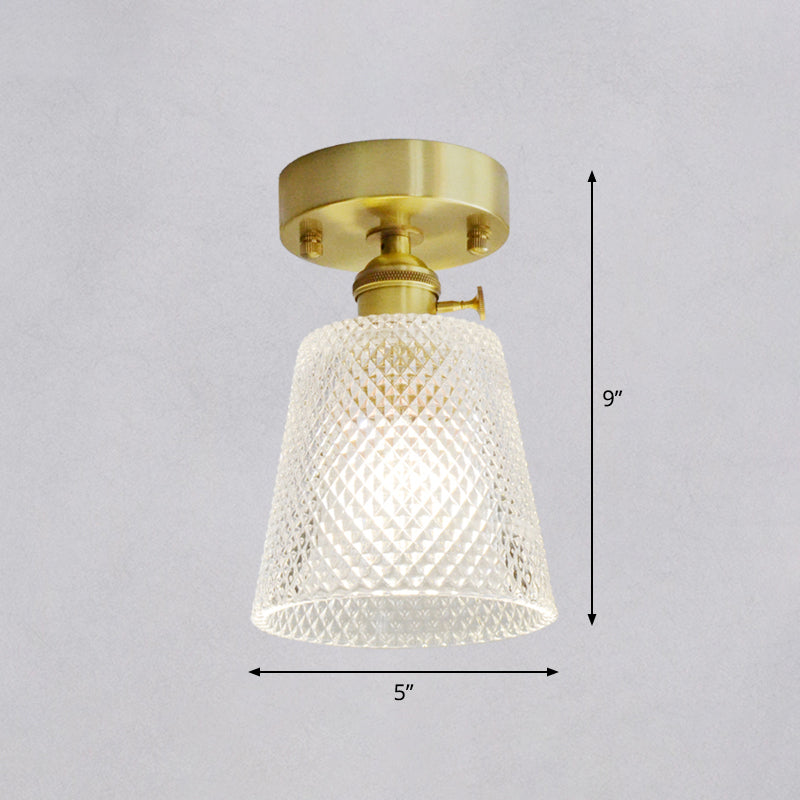 Minimalist Brass 1-Head Ceiling Light With Carved Glass Shade For Corridors