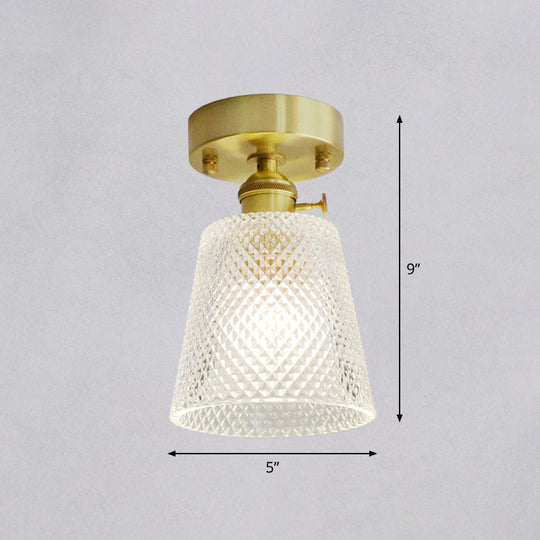 Minimalist Brass 1-Head Ceiling Light With Carved Glass Shade For Corridors