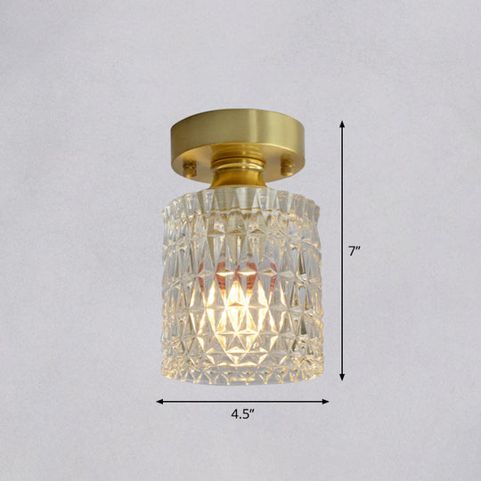 Minimalist Brass 1-Head Ceiling Light With Carved Glass Shade For Corridors