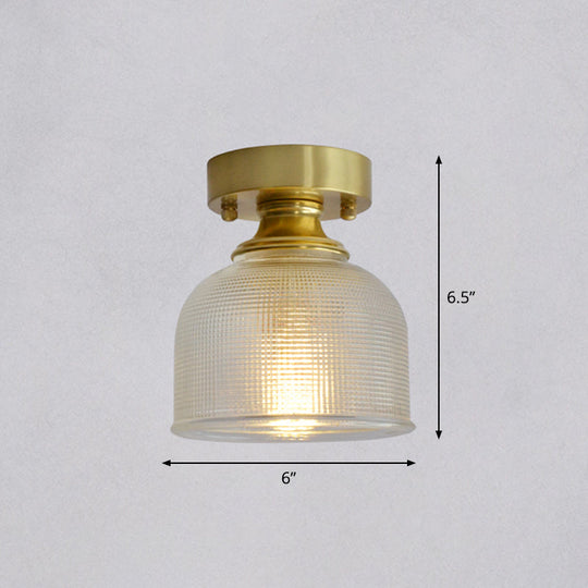Minimalist Brass 1-Head Ceiling Light With Carved Glass Shade For Corridors