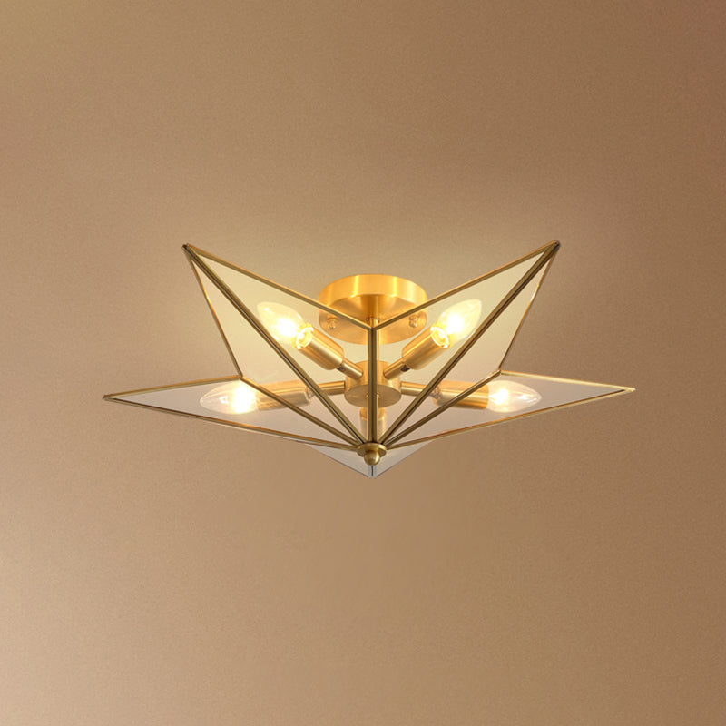 Vintage Brass Semi Flush Mount Ceiling Light With Amber Glass - 5 - Light Shaded Lighting For