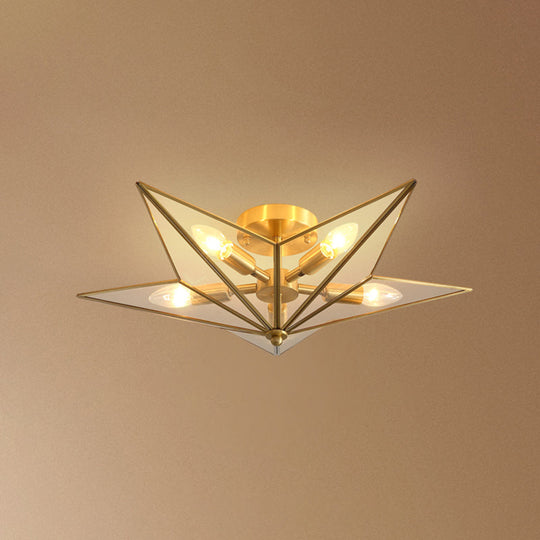 Vintage Brass Semi Flush Mount Ceiling Light With Amber Glass - 5 - Light Shaded Lighting For