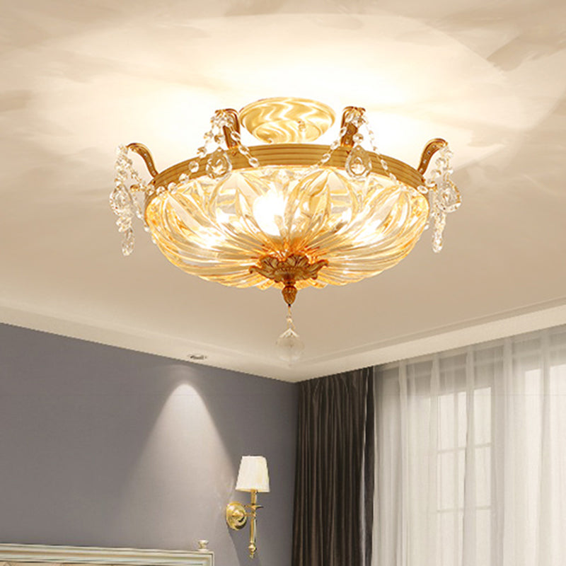 Vintage Brass Semi Flush Mount Ceiling Light With Amber Glass - 5-Light Shaded Lighting For Living