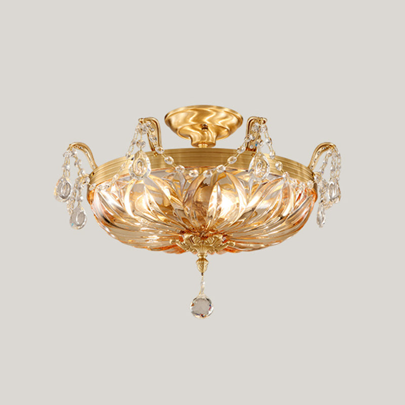 Vintage Brass Semi Flush Mount Ceiling Light With Amber Glass - 5 - Light Shaded Lighting For