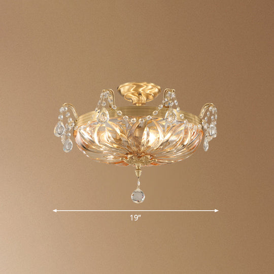 Vintage Brass Semi Flush Mount Ceiling Light With Amber Glass - 5-Light Shaded Lighting For Living
