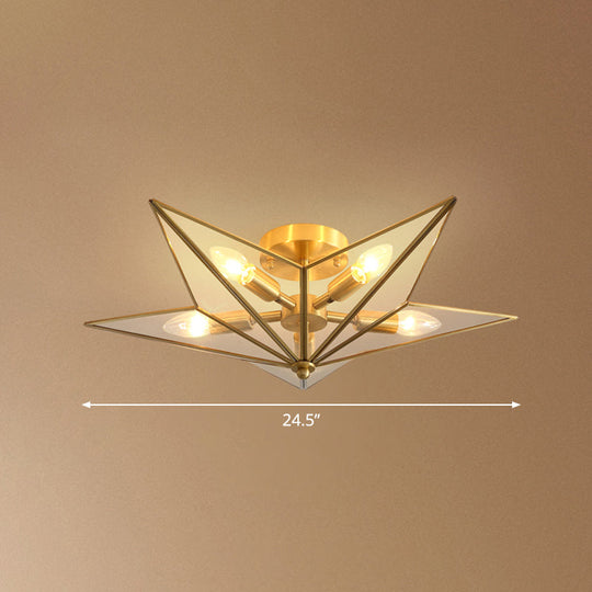 Vintage Brass Semi Flush Mount Ceiling Light With Amber Glass - 5-Light Shaded Lighting For Living