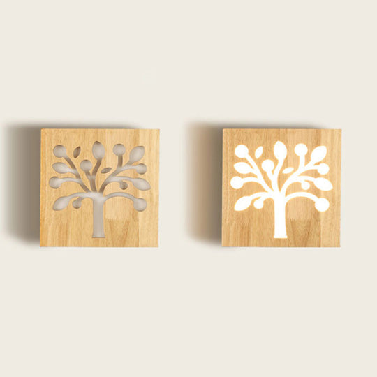 Modern Art Deco Led Wall Sconce - Square Flush Mount Wooden Corridor Light Fixture