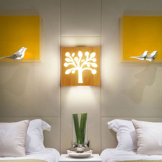 Modern Art Deco Led Wall Sconce - Square Flush Mount Wooden Corridor Light Fixture